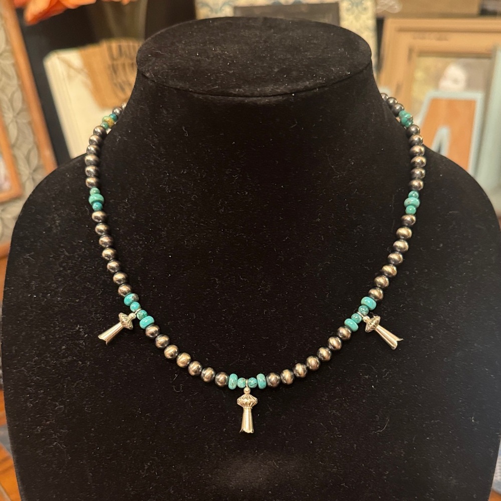 SOLD Paige Wallace Turquoise Bead, Squash Blossom, Desert Pearl 925 Necklace